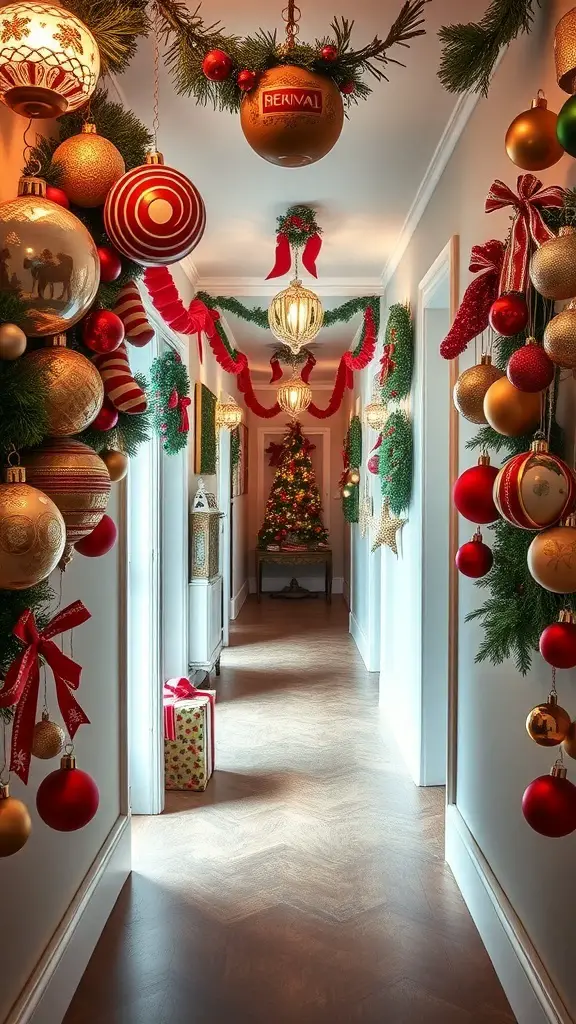 27+ Festive Christmas Hallway Ideas to Transform Your Home 14 A beautifully decorated Christmas hallway with vintage ornaments, garlands, and a small tree.