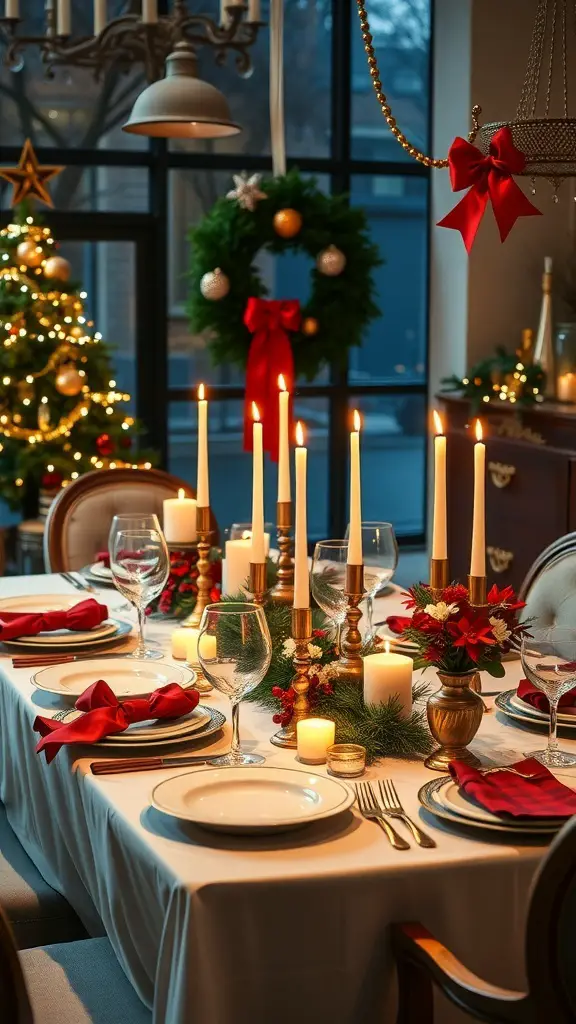 A beautifully set festive Christmas table with candles, flowers, and decorations.