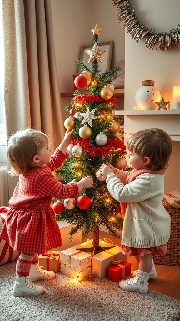 27+ Fun Christmas Activities for Toddlers 5 Two toddlers decorating a small Christmas tree with ornaments and lights