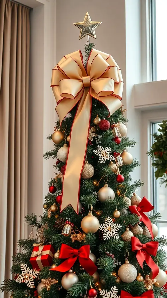 23+ Stunning Christmas Tree Topper Ideas to Inspire Your Holiday Decor 9 A Christmas tree topped with a large elegant bow and a star, decorated with red and gold ornaments.