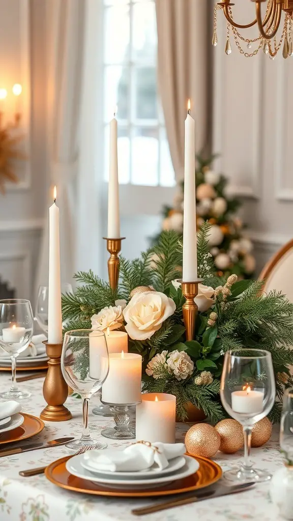 A beautifully arranged holiday table centerpiece featuring candles, flowers, and decorative elements.