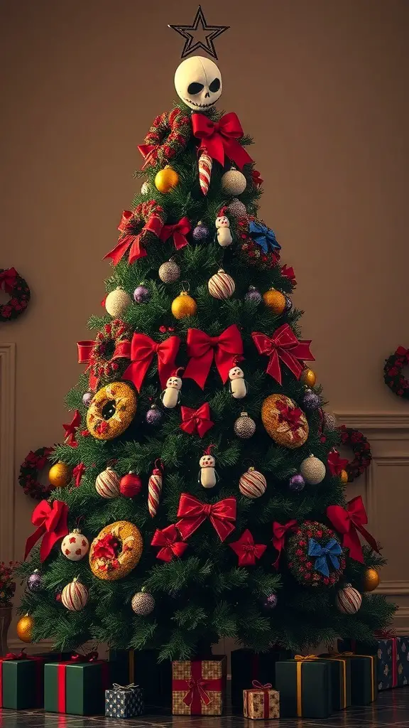25+ Creative Nightmare Before Christmas Tree Ideas for Holiday Magic 16 A Christmas tree decorated with Nightmare Before Christmas elements, featuring a skull topper, colorful ornaments, and festive bows.