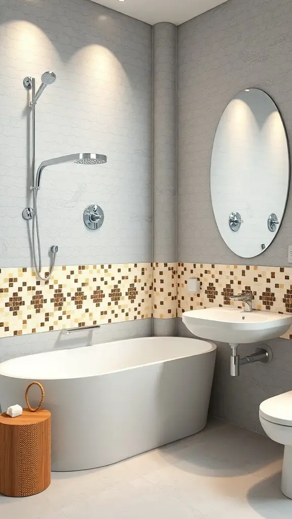 29+ Creative Wall Tile Accent Strip Ideas for Stunning Interiors 8 A modern bathroom featuring a mosaic tile accent strip above the bathtub.