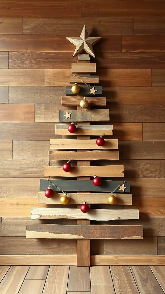 29+ Creative Wall Christmas Tree Ideas for a Festive Holiday Display 3 Rustic wooden Christmas tree arrangement with red and gold ornaments