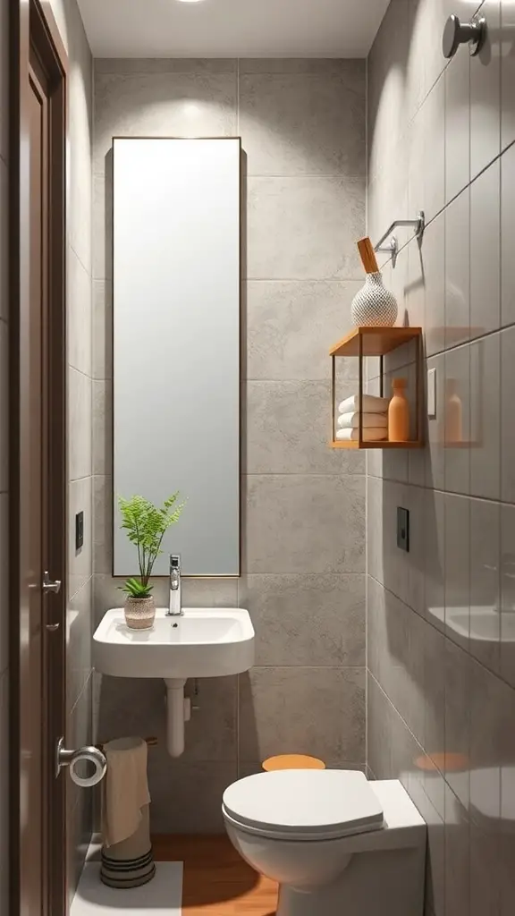 29+ Stunning Vertical Mirror Ideas to Transform Your Narrow Bathroom 12 A narrow bathroom featuring a vertical mirror and integrated shelving with towels and a plant.