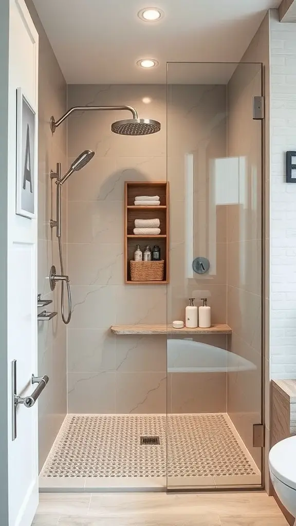 25+ Stunning Walk-In Shower Ideas with No Doors for a Sleek Bathroom Design 5 Modern doorless shower with wooden shelving for towels and toiletries