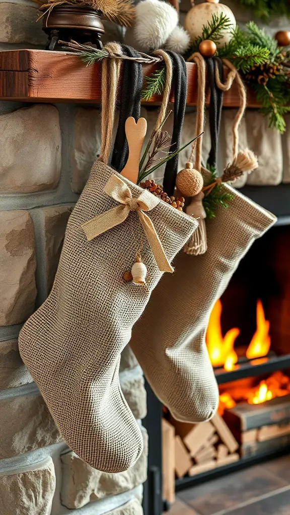 Rustic burlap stockings hanging by a fireplace, decorated with natural elements like twigs and pinecones.