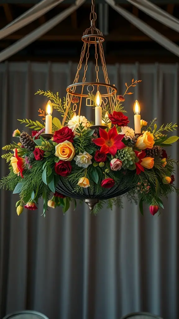 29+ Stunning Christmas Chandelier Ideas to Brighten Your Holidays 6 A floral chandelier adorned with colorful flowers and candles, hanging elegantly.