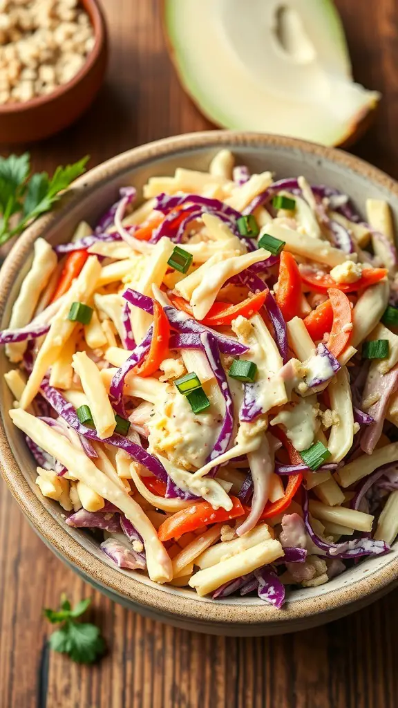 25+ Must-Try Thanksgiving Side Dishes You Need This Year 11 A bowl of colorful coleslaw with red and green cabbage, carrots, and bell peppers, topped with green onions.