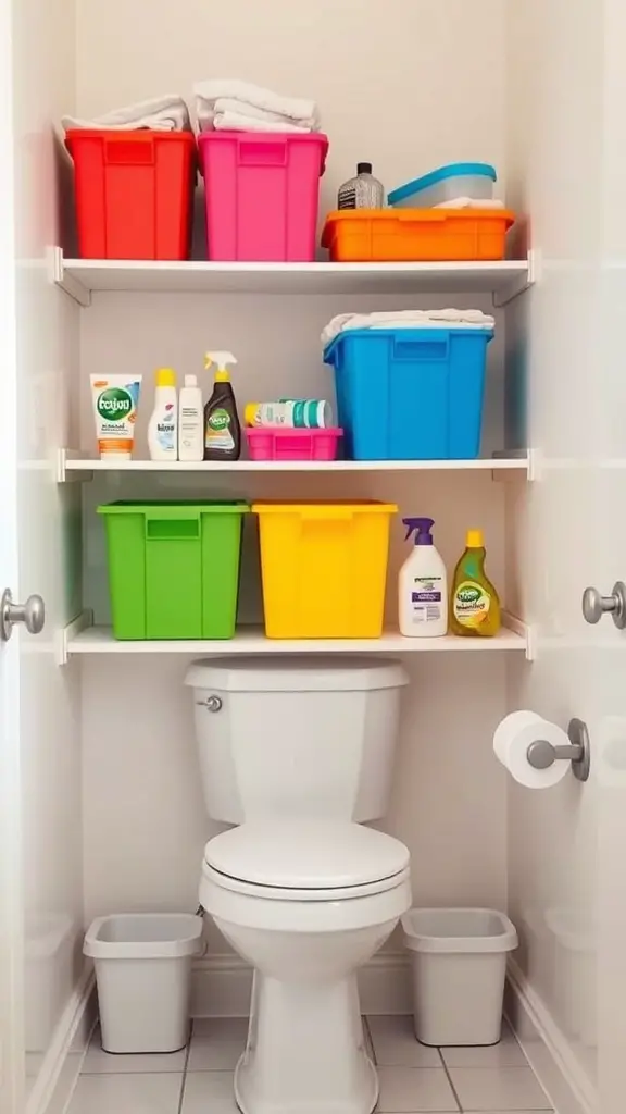 27+ Stylish Over the Toilet Storage Ideas to Maximize Your Space 12 Colorful bins arranged on shelves above a toilet, showcasing a fun and organized bathroom storage solution.