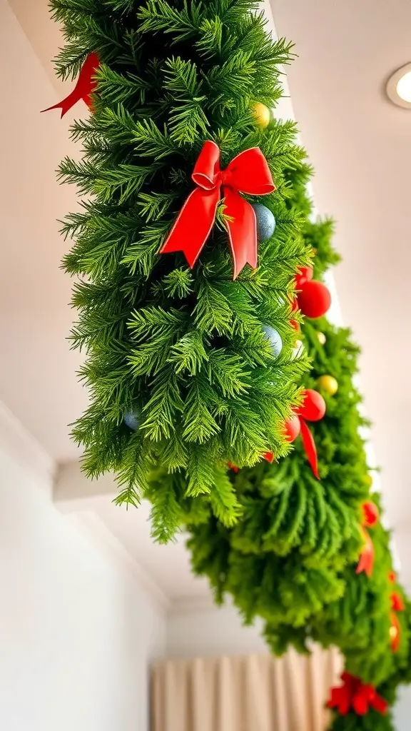 29+ Creative Christmas Ceiling Decoration Ideas to Festively Transform Your Home 4 A festive garland swag with red bows and colorful ornaments hanging from the ceiling.