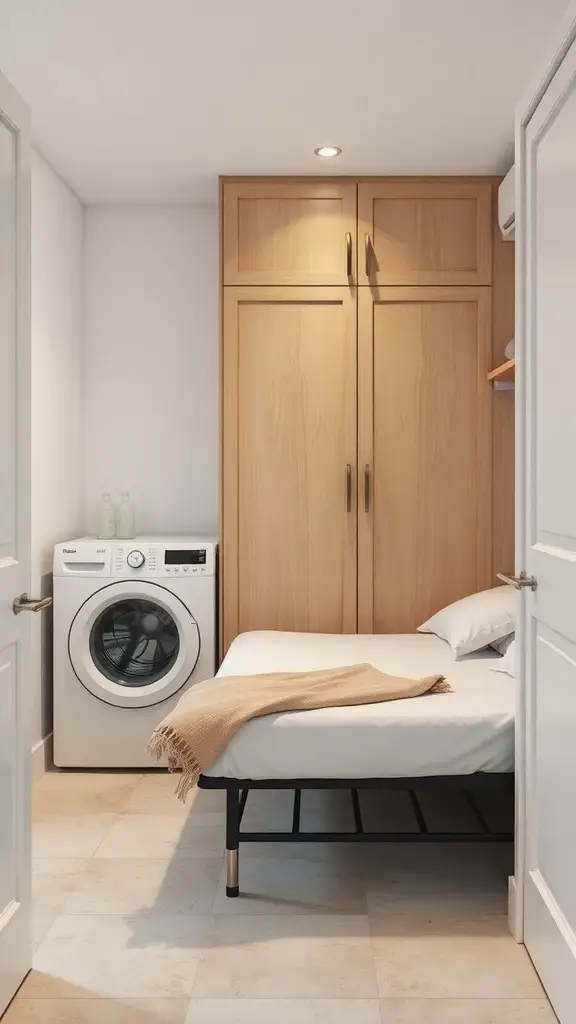 A small laundry room featuring a washing machine and a Murphy bed that folds up against the wall.