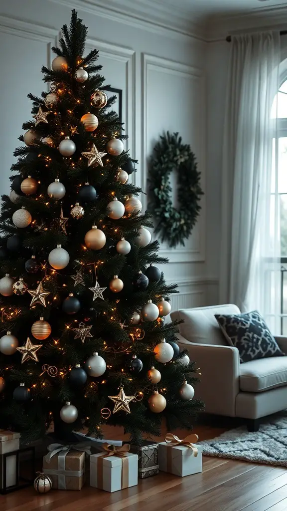 27+ Stunning Black Christmas Tree Ideas to Elevate Your Holiday Decor 8 A beautifully decorated black Christmas tree with gold and silver ornaments, surrounded by wrapped gifts.