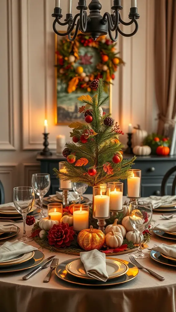 A beautifully arranged Thanksgiving tree centerpiece with candles, pumpkins, and fall decorations on a dining table.