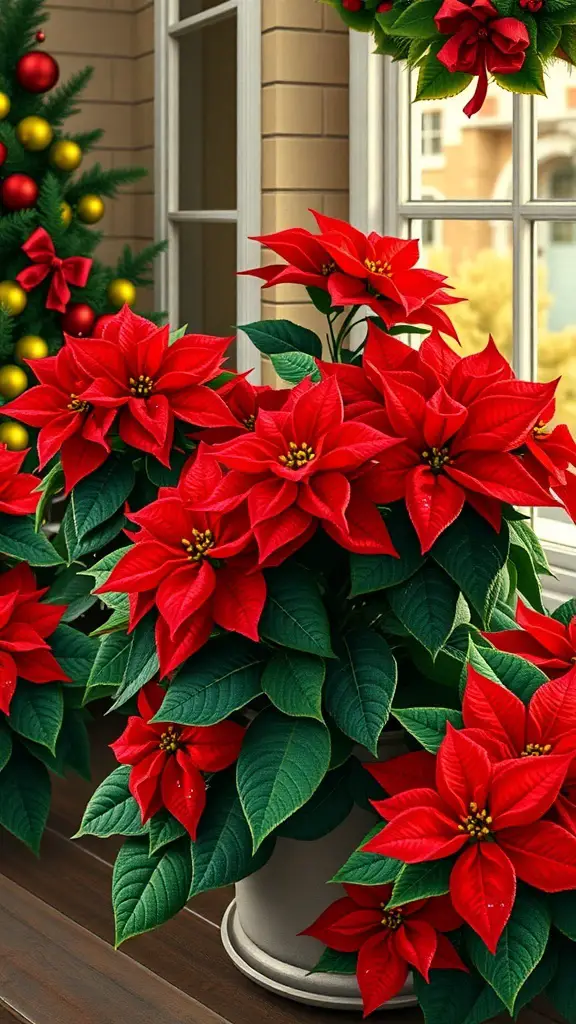 27+ Festive Christmas Cross Stitch Patterns to Brighten Your Holiday Season 16 A vibrant display of red poinsettia flowers in a pot, set against a window with a Christmas tree in the background.