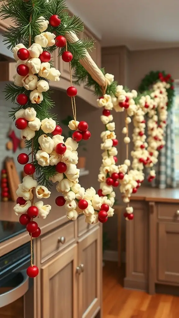 A festive DIY garland made of popcorn and red ornaments, hanging in a kitchen.