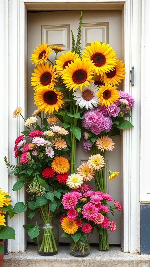 A vibrant display of sunflowers and colorful flowers arranged at a door.