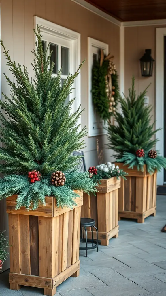 Rustic wooden planters with evergreens, pinecones, and red berries, placed on a porch.