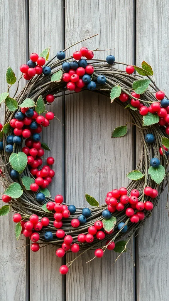 A grapevine wreath adorned with red and blue berries, hanging against a wooden background.