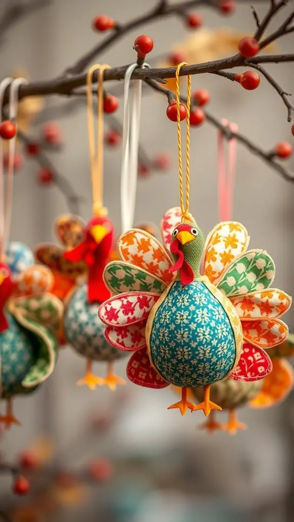 25+ Creative Thanksgiving Crafts for Adults 6 Colorful fabric turkey ornaments hanging on a branch