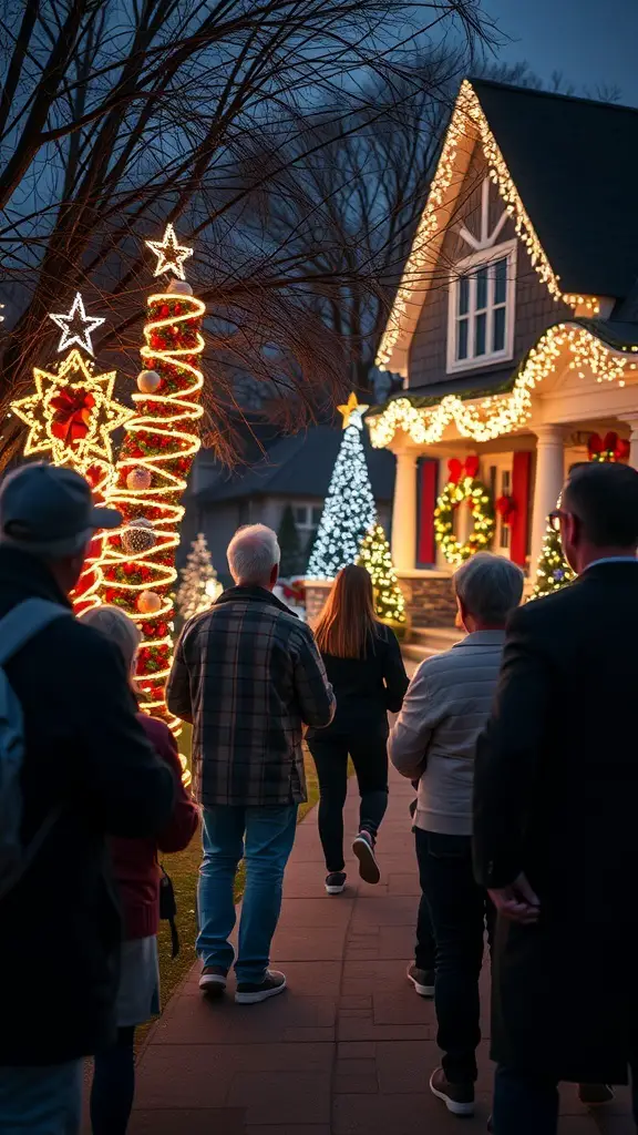27+ Creative Christmas Party Ideas for Adults 10 Group of people walking on a path lined with Christmas lights and decorations.