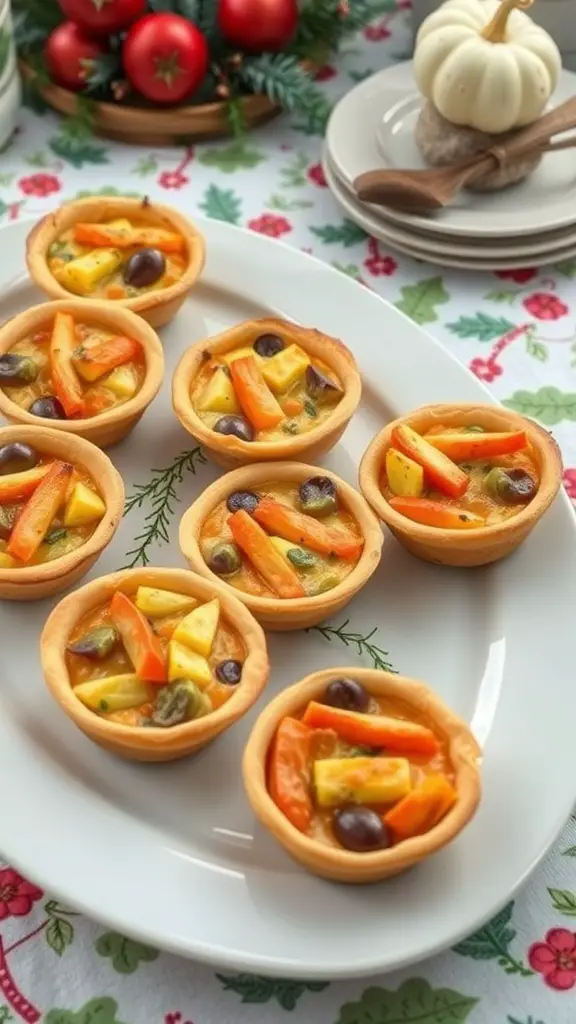 A platter of mini quiches filled with seasonal vegetables, set on a festive table.