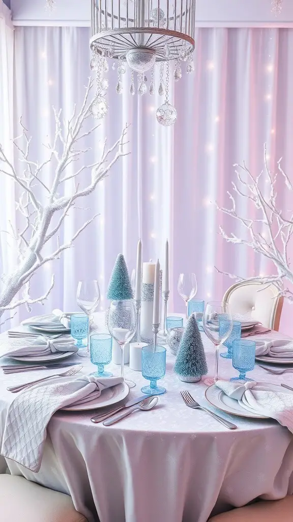 A beautifully set winter wonderland themed dinner table with blue and white decorations.