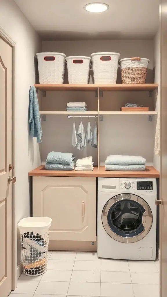 27+ Creative Small Space Solutions for Top Loader Laundry Rooms 11 A small laundry room with a folding station, featuring shelves, baskets, and a washing machine.