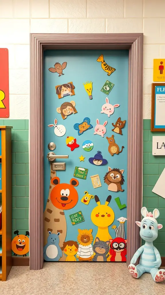 A colorful classroom door decorated with various cartoon characters and playful designs.