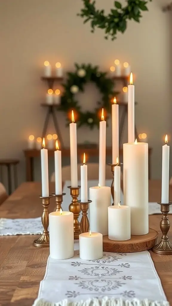 A cozy Thanksgiving table setting with various candles arranged for a warm glow.