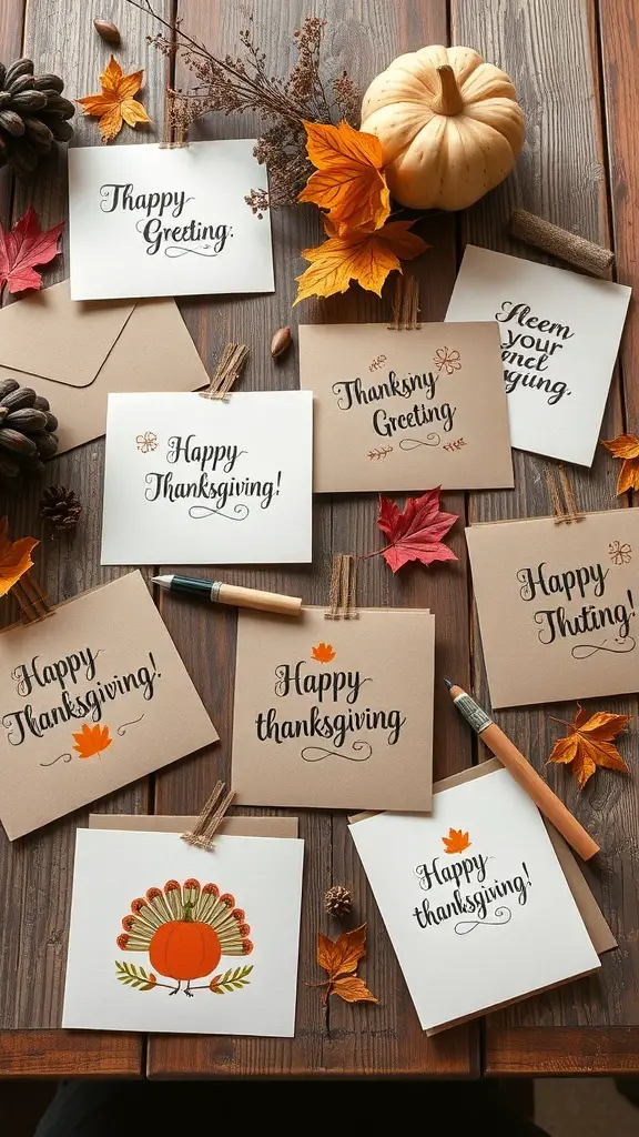 An assortment of handmade Thanksgiving greeting cards on a wooden table, featuring autumn leaves and a small pumpkin.