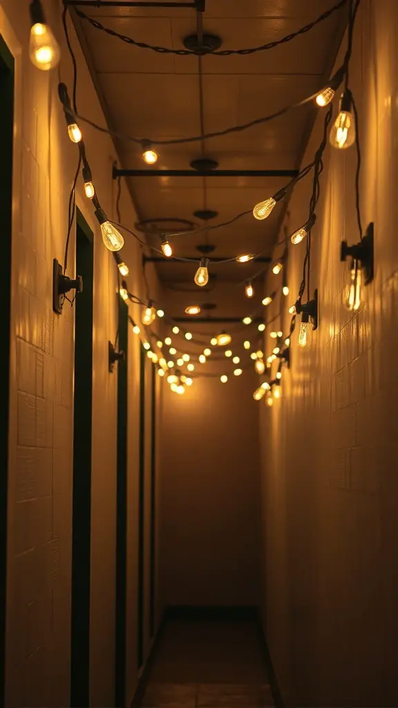 29+ Magical Hallway Christmas Light Ideas to Brighten Your Home 15 A hallway illuminated with vintage bulb string lights, creating a warm and nostalgic atmosphere.