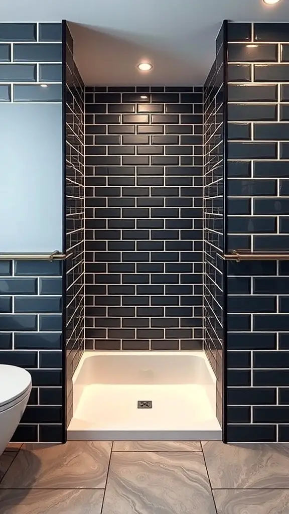 A modern bathroom with dark border tiles framing a shower area.