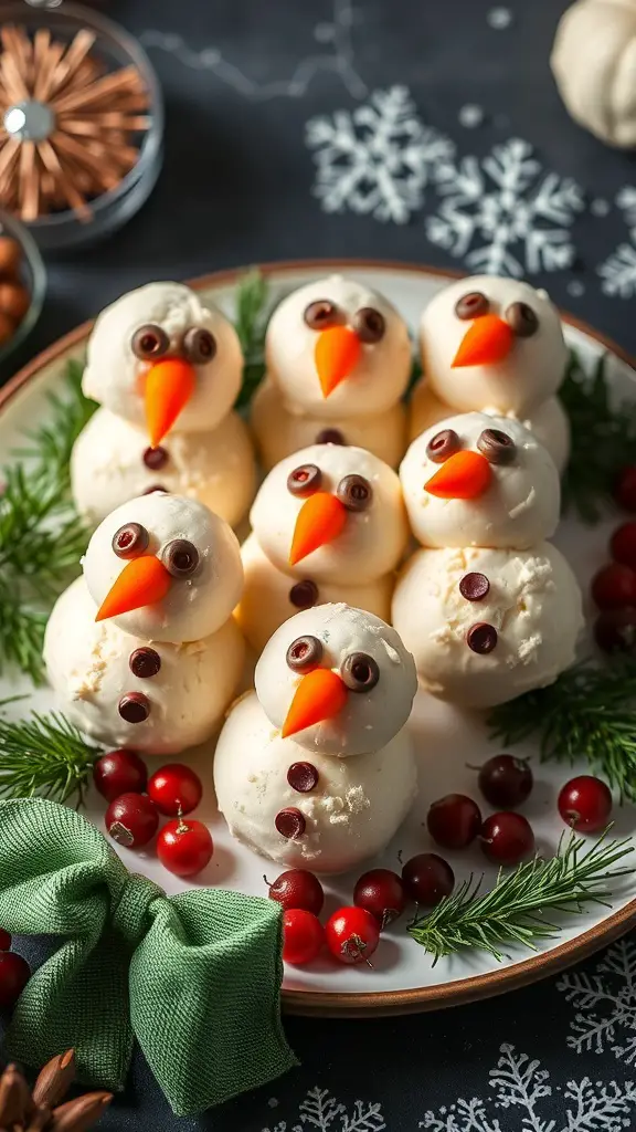 29+ Fun and Festive Christmas Snacks for Kids 7 A plate of snowman cheese balls decorated with carrots, chocolate chips, and greenery.