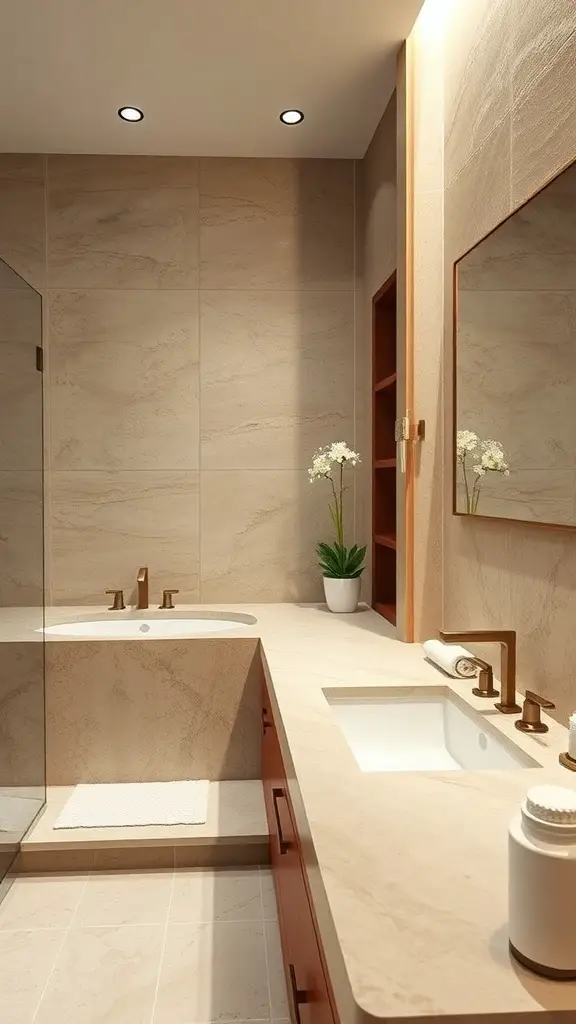 23+ Chic Neutral Toned Bathroom Ideas for a Serene Space 13 A modern bathroom featuring natural stone countertops, warm wood cabinetry, and a plant for decoration.