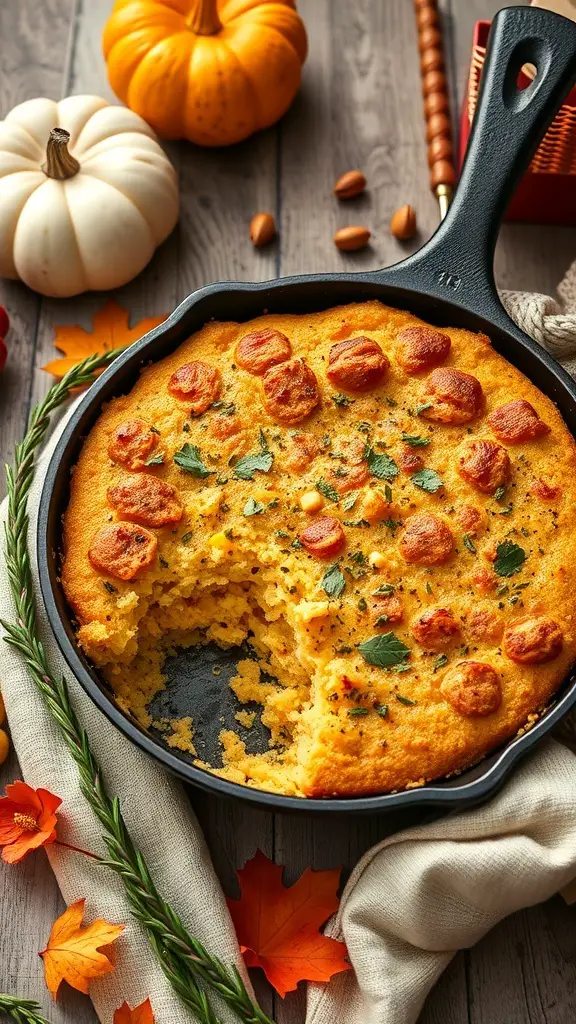 25+ Delicious Thanksgiving Dinner Ideas You Need to Try 7 A cast iron skillet filled with golden cornbread dressing, garnished with herbs and surrounded by autumn decorations.