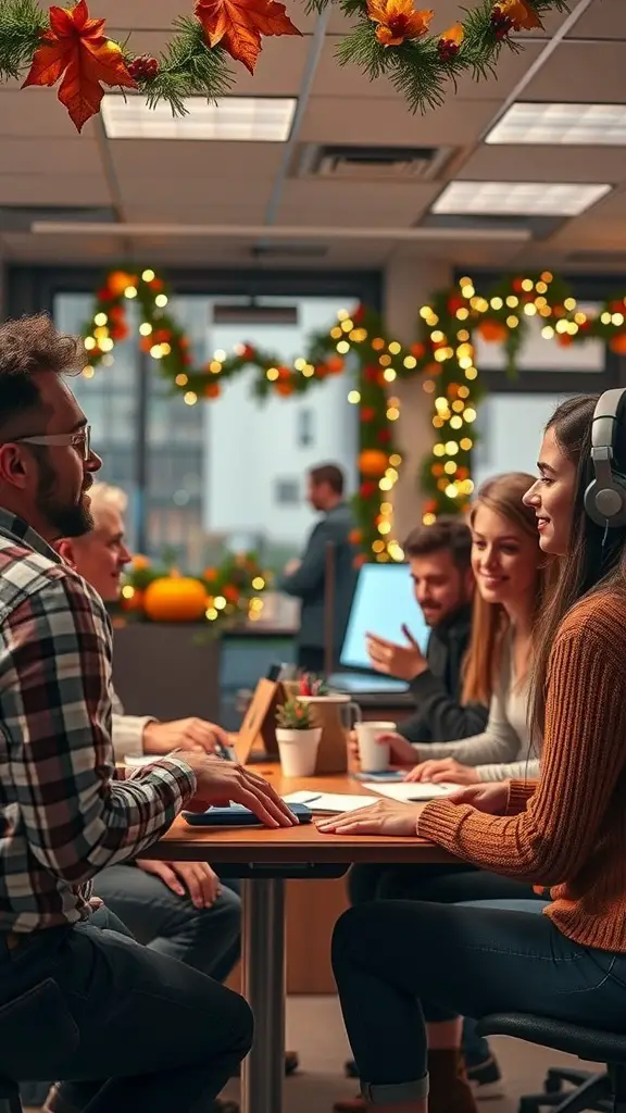 An office decorated for Thanksgiving with people engaging in conversation and enjoying the festive atmosphere.