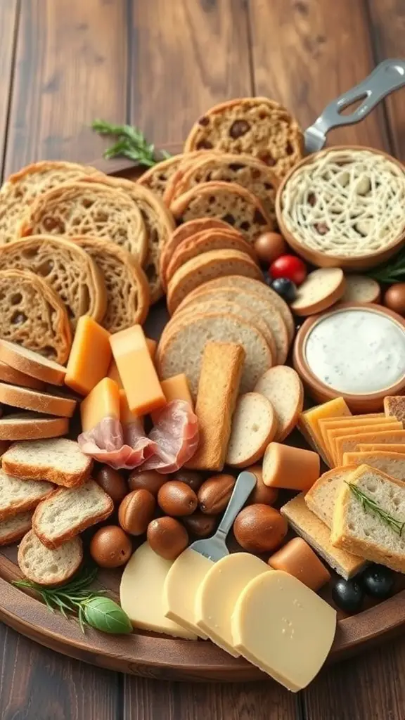A beautifully arranged charcuterie board featuring various artisan breads, crackers, cheeses, and garnishes.