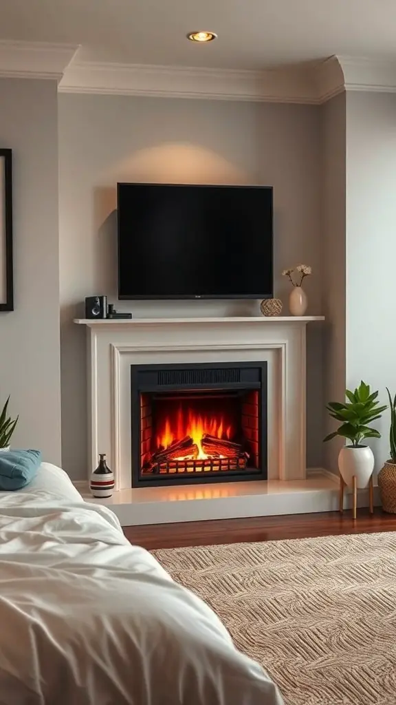 29+ Stylish Electric Fireplace Ideas to Transform Your Home 15 A cozy bedroom featuring a modern electric fireplace with a glowing flame, framed by a classic mantel.