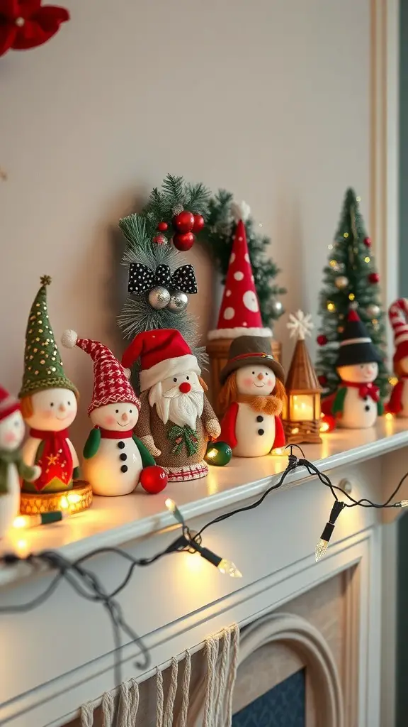 A collection of whimsical holiday figurines on a mantel, featuring snowmen, Santa, and festive decorations.