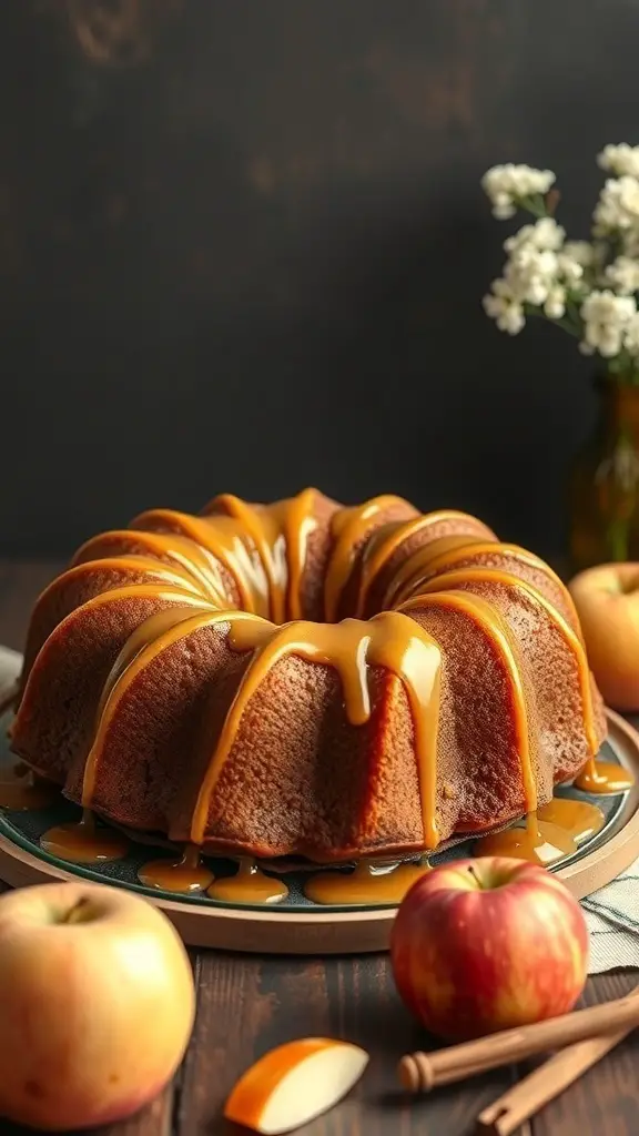 A delicious Apple Cinnamon Bundt Cake drizzled with caramel, surrounded by fresh apples and cinnamon sticks.