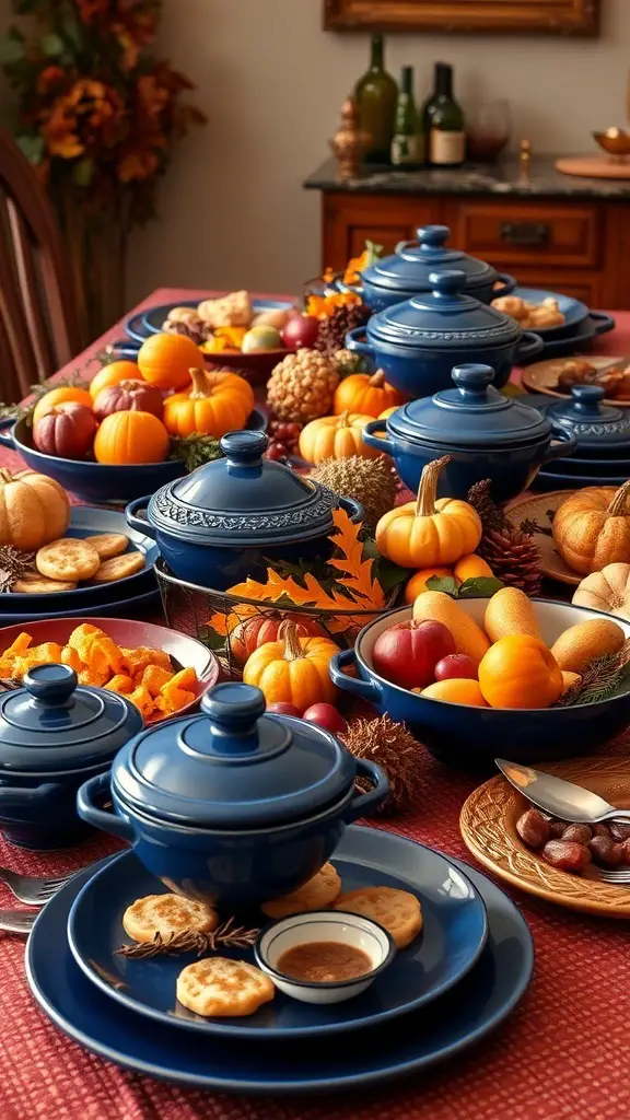 A Thanksgiving table set with cobalt blue serving dishes, pumpkins, and autumn decorations.