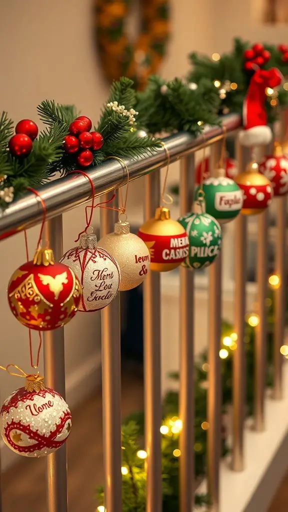 27+ Creative Indoor Christmas Railing Decor Ideas 14 Colorful personalized family ornaments hanging on a railing decorated with greenery and lights.