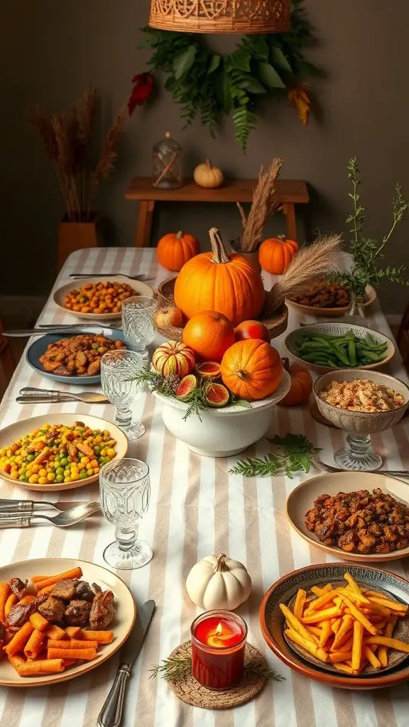 Thanksgiving table setting with pumpkins, dishes, and elegant glassware