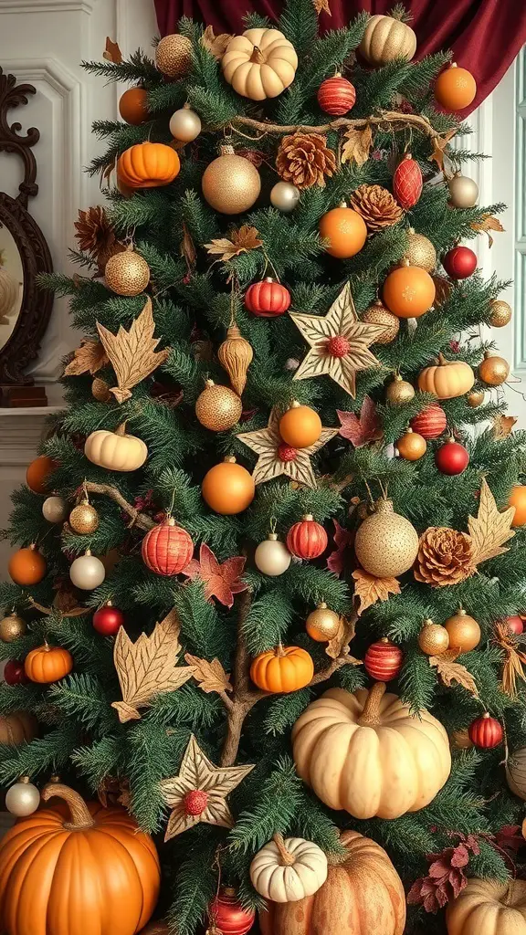 A vintage Thanksgiving tree decorated with pumpkins, ornaments, and autumn leaves.