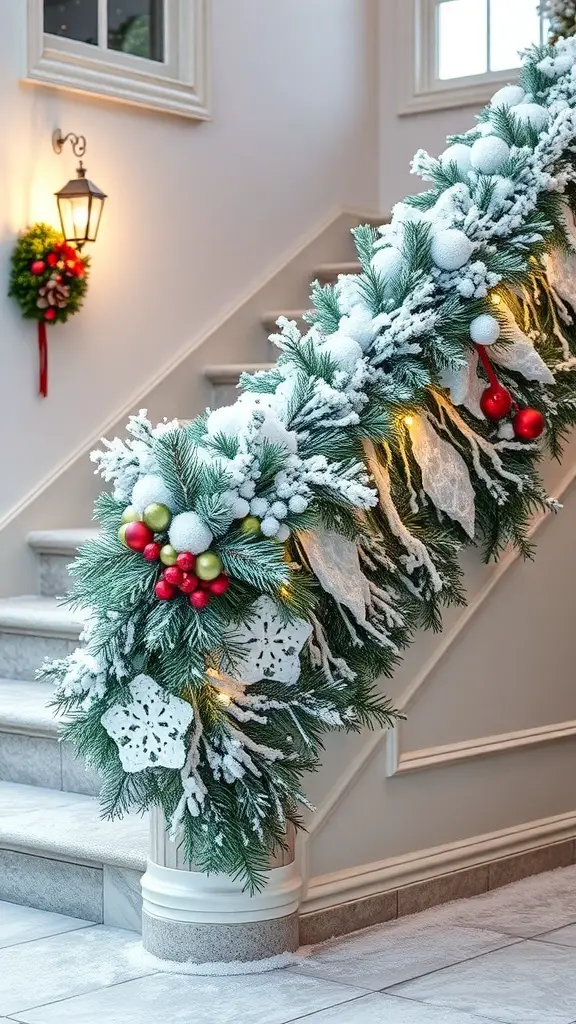 27+ Creative Indoor Christmas Railing Decor Ideas 8 Indoor railing decor featuring snowy foliage, ornaments, and lights
