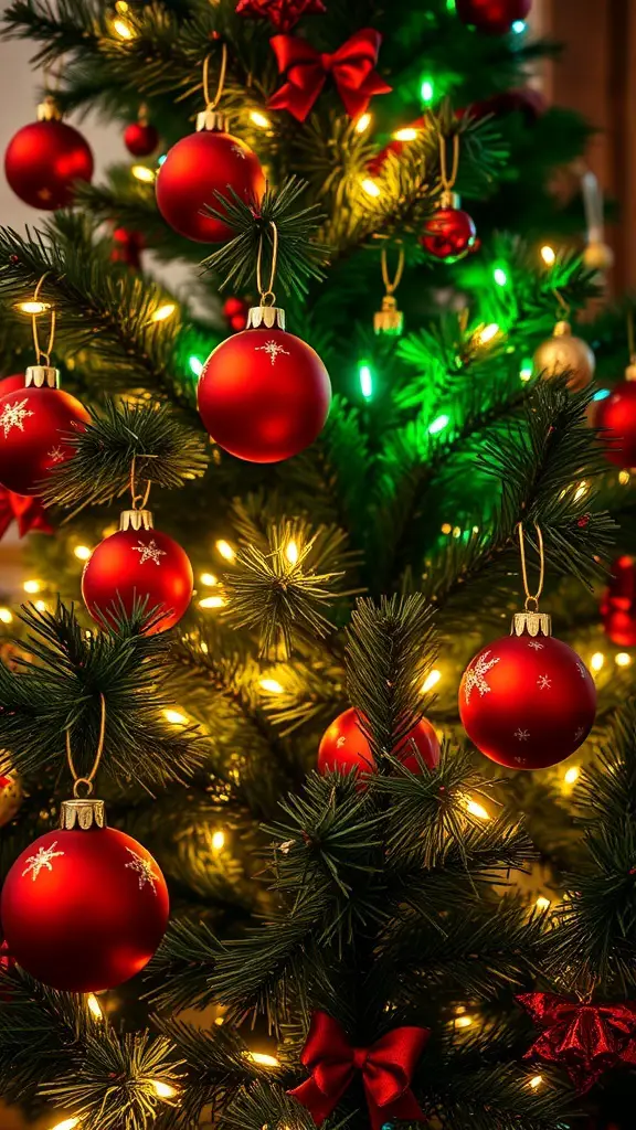 A Christmas tree decorated with red ornaments, green branches, and small red bows, illuminated by warm lights.