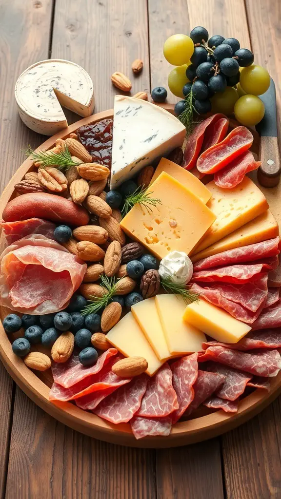 A rustic cheese and charcuterie board with various cheeses, cured meats, nuts, and fruits on a wooden platter.