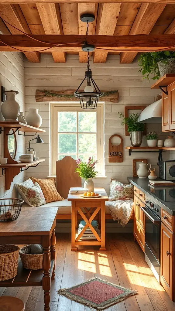 31+ Rustic Kitchen Design Ideas to Transform Your Space 11 A cozy kitchen nook with wooden beams, a small table, and plush cushions.