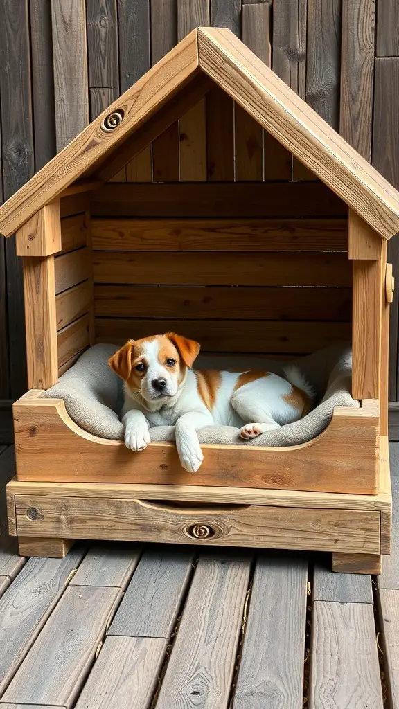 A cozy pet bed made from reclaimed wood with a dog resting inside.